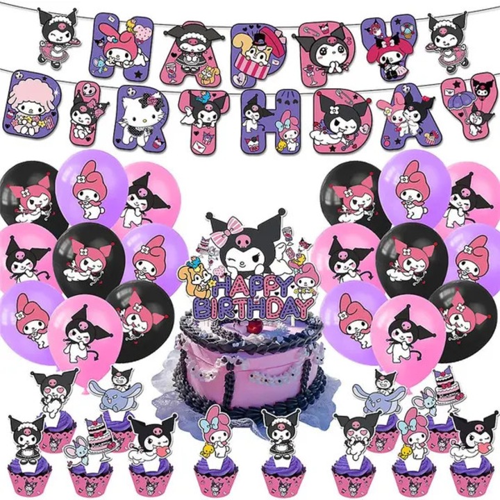 Комплект декорации за парти My Melody Kuromi, 18 балона, банер за рожден ден, 12 топъра за кексчета + голям топър, декорации за мъфини, многоцветен