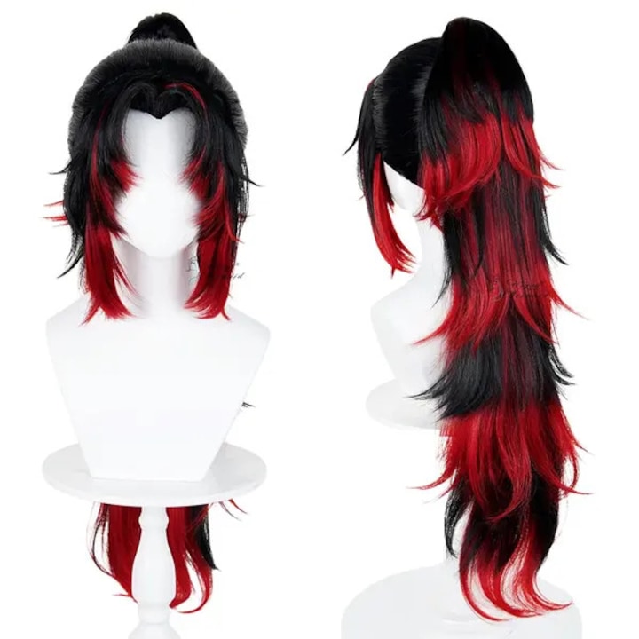 Peruca coada de cal negru rosu cosplay Kokushibo