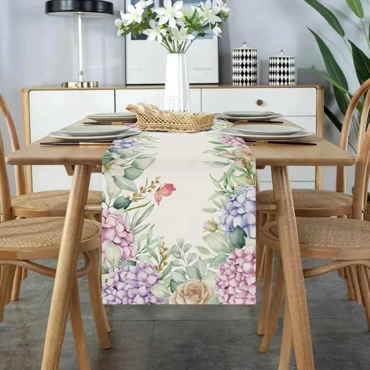 Asztali futó PO-K0433-26-7-11-1360, lenvászon, hortenzia és pillangó design, Többszínű, 33 x 183 cm