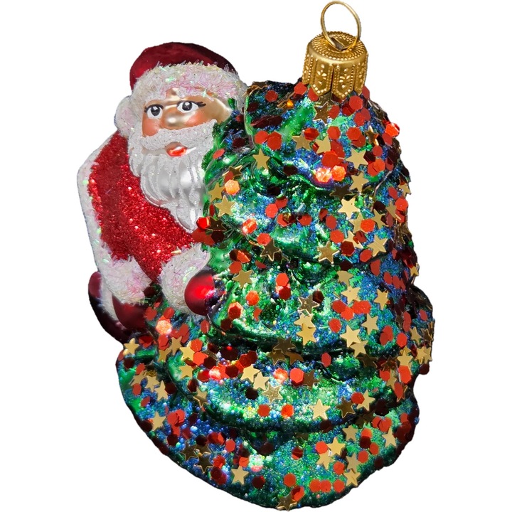 Karácsonyi gömb STARGLASS, Mikulás a fa mellett, kézzel festett, piros-zöld, 10x12cm