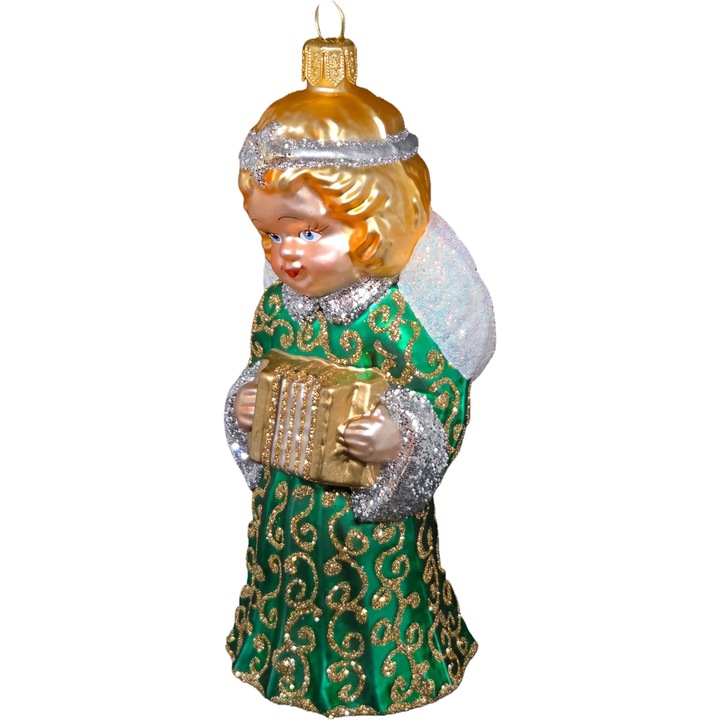 STARGLASS karácsonyi gömb, zöld angyal harmonikával, kézzel festett üveg, 10x15cm