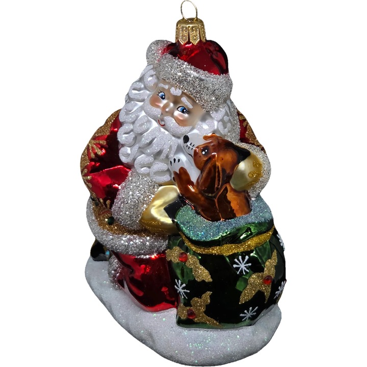 STARGLASS karácsonyi gömb Mikulás kutyával, kézzel fújt üveg, piros-barna, 10x12cm