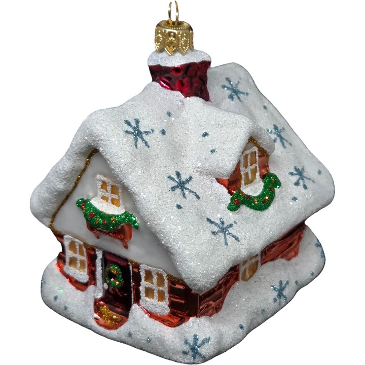 Starglass karácsonyi gömb, piros ház fehér tetővel 10x8cm