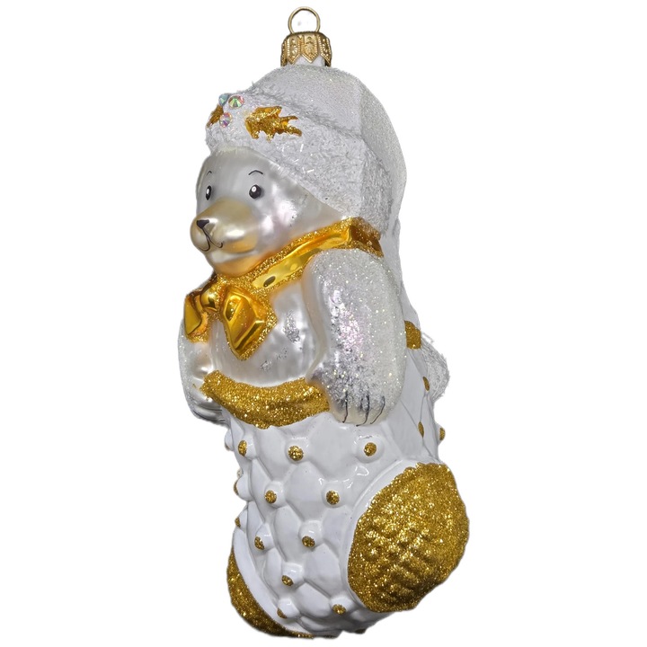 Karácsonyi gömb Starglass fehér medve fehér zokniban arany részletekkel 10x10cm