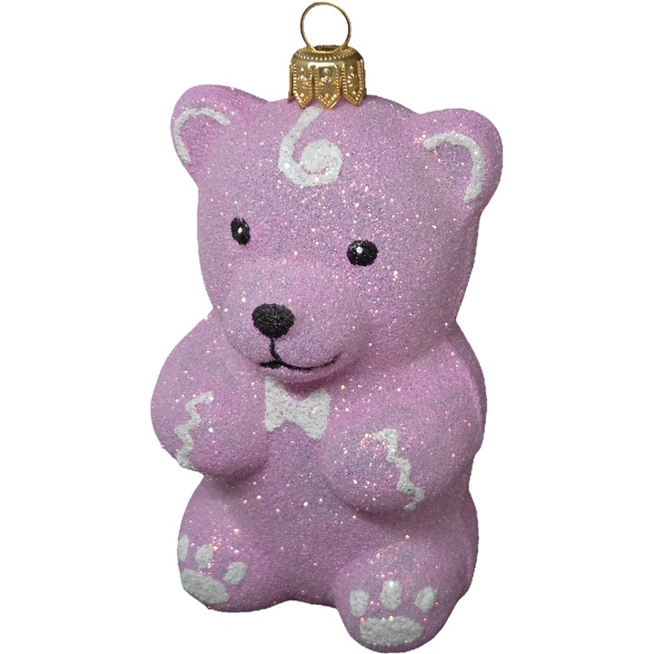 Starglass karácsonyi gömb, kézzel festett rózsaszín maci, 10x10cm
