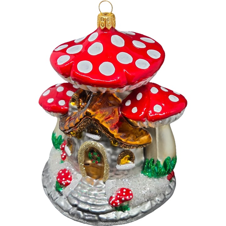 Karácsonyi gömb STARGLASS, gombaház modell, kézzel festett, ezüst-piros, 10x15cm