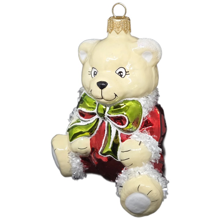 Karácsonyi gömb Starglass bézs maci kézzel festett 10x12cm