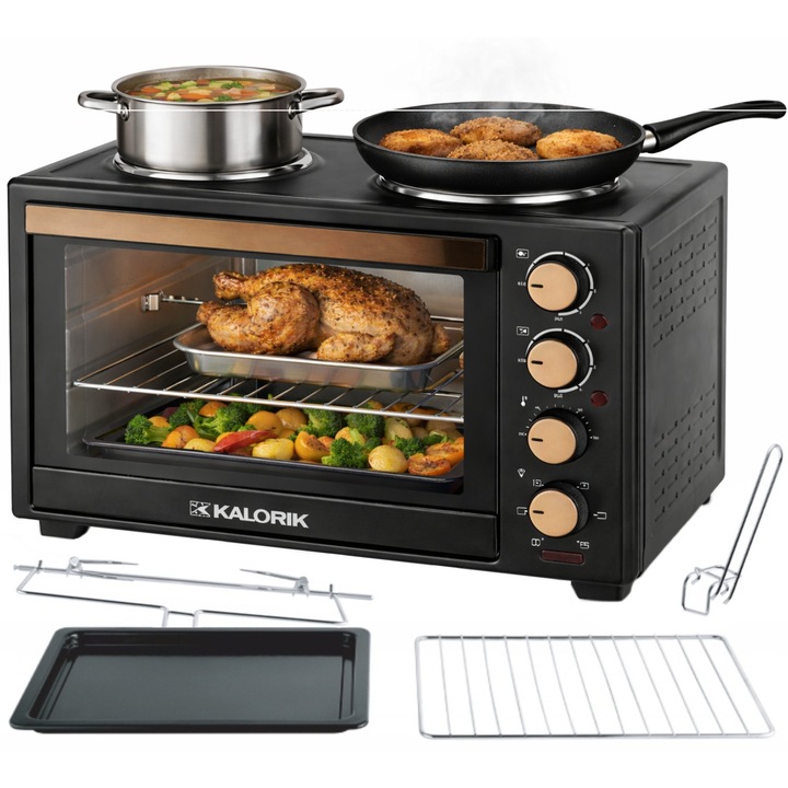 Kalorik 30L 3300W elektromos sütő, légkeveréses, forgónyársas, fekete-réz, 2 főzőlap 19x15.5cm