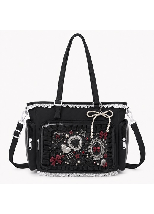 Geanta Ita Bag Tote Lolita Gotica cu Dantela, Geanta crossbody din PVC transparent, Fereastra Transparenta pentru Insigne, Curea Reglabila Crossbody, Capacitate Mare pentru Scoala si Fandom, Neagra