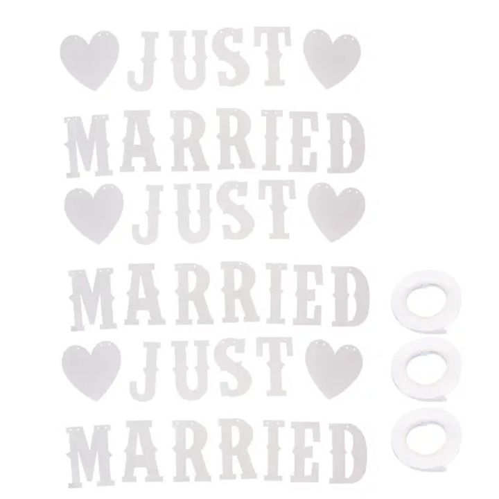 Banderola "Just Married" esküvőre, 33 betűkártya, 6 szívkártya, 3 zsinór, fehér, PRE-CJk0515-26-0824-3312