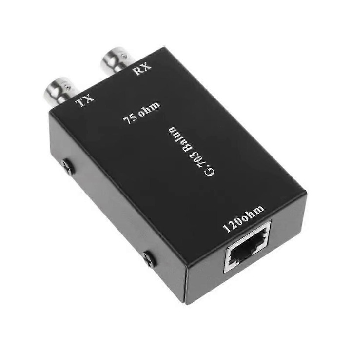 BNC koaxiális jelátalakító RJ45-re 75-ről 120 Ohm-ra 2.048Mbps fekete fém