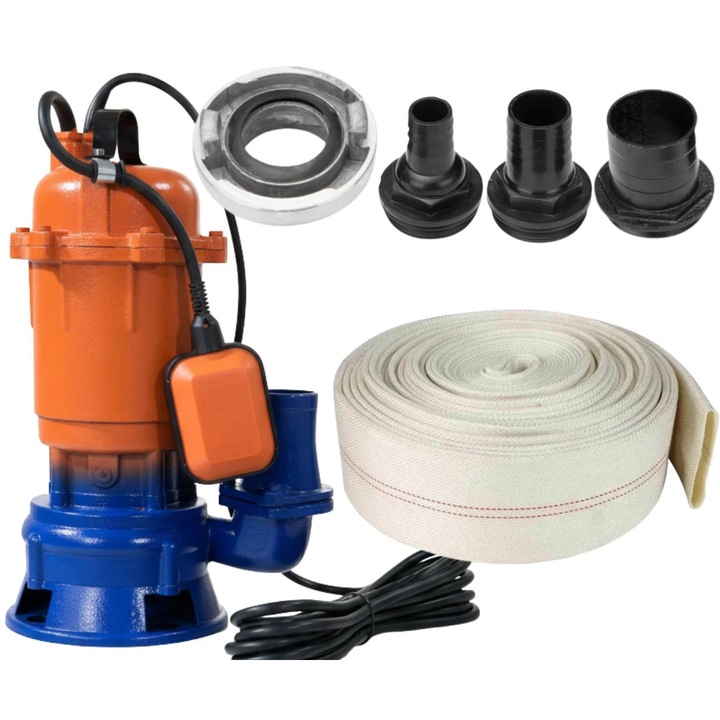 *ПАКЕТ* Потопяема водна помпа 3000W с нож за раздробяване, 25.000 л/ч, 2900rpm, поплавък, 2'' цола връзка, + 3 водни конектора и ПОЖАРНИКАРСКИ МАРКУЧ 20M CMP1427