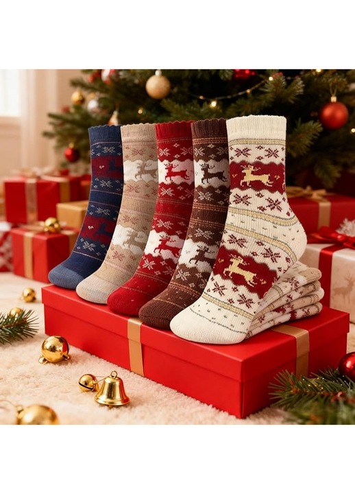 Sosete groase confortabile, set de 5 perechi - Model festiv de reni si fulgi de nea de Craciun | Absorbtie a transpiratiei, Anti-frecare, Unisex