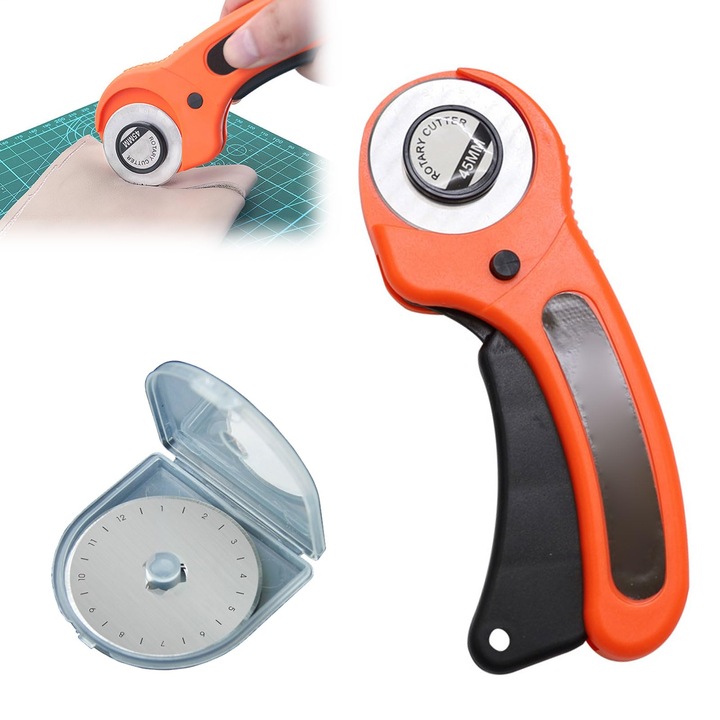 Cutter rotativ HERUSI 45mm cu lama de rezerva si blocare de siguranta, ergonomic