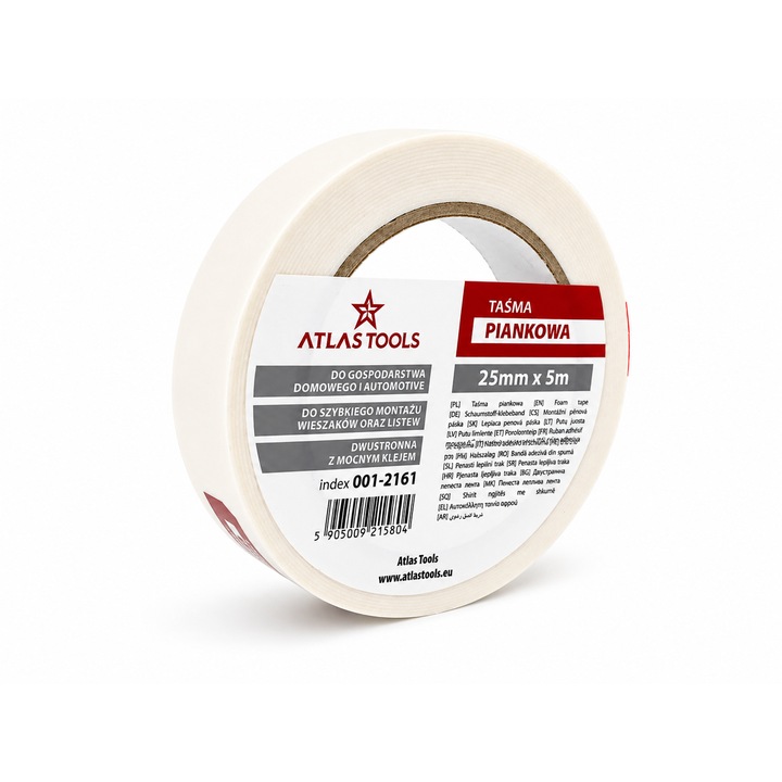 Atlas Tools kétoldalas ragasztószalag, 19mmx5m, rugalmas, rezgéscsillapító, fehér