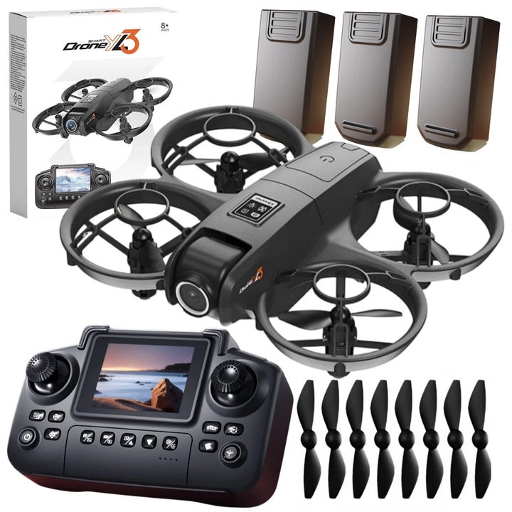 DRÓN VEZÉRLŐ LCD-VEL, 2 KAMERA, KEFE NÉLKÜLI MOTOR, 125G, WIFI, 3x AKKU, JÁTÉK
