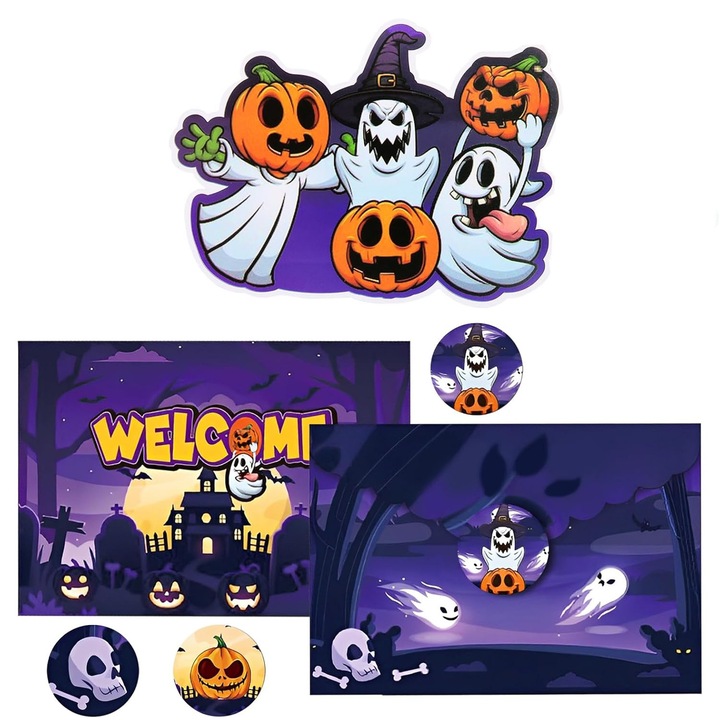12 db Halloween meghívó szett borítékkal és többszínű címkékkel 15x10cm