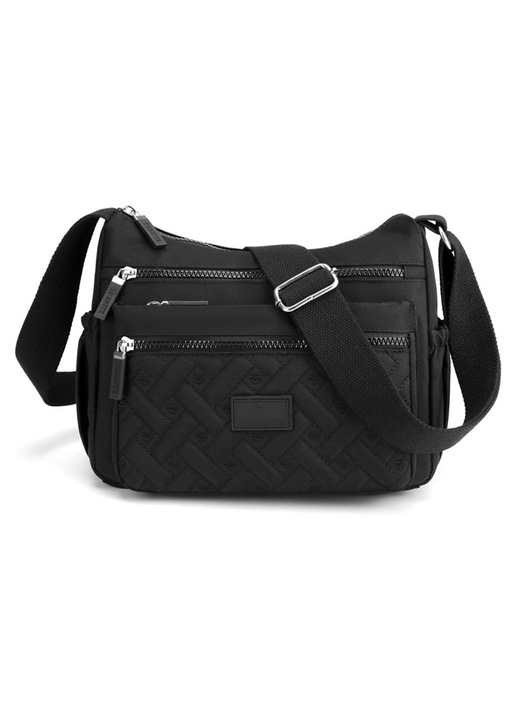 Női kézitáska, crossbody típusú, több zsebbel, nylonból, vízálló, könnyű, hétköznapi, válltáska típusú, fekete