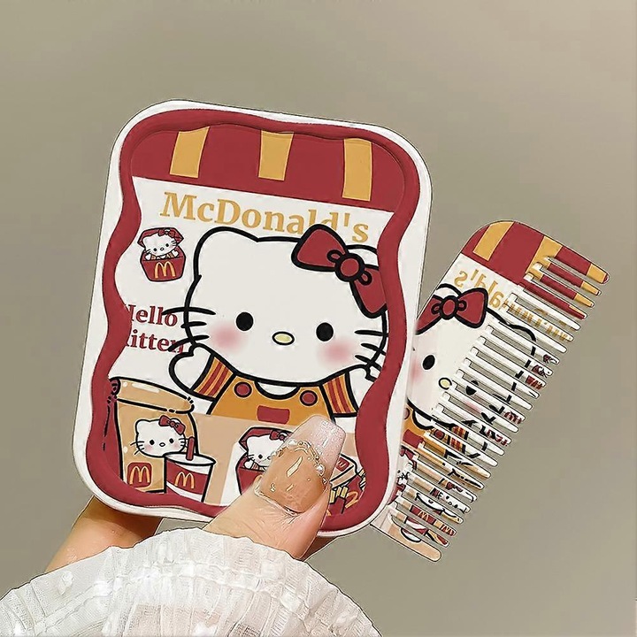 Oglinda cosmetica pliabila cu pieptene, portabila, plastic, multicolor, 1 buc