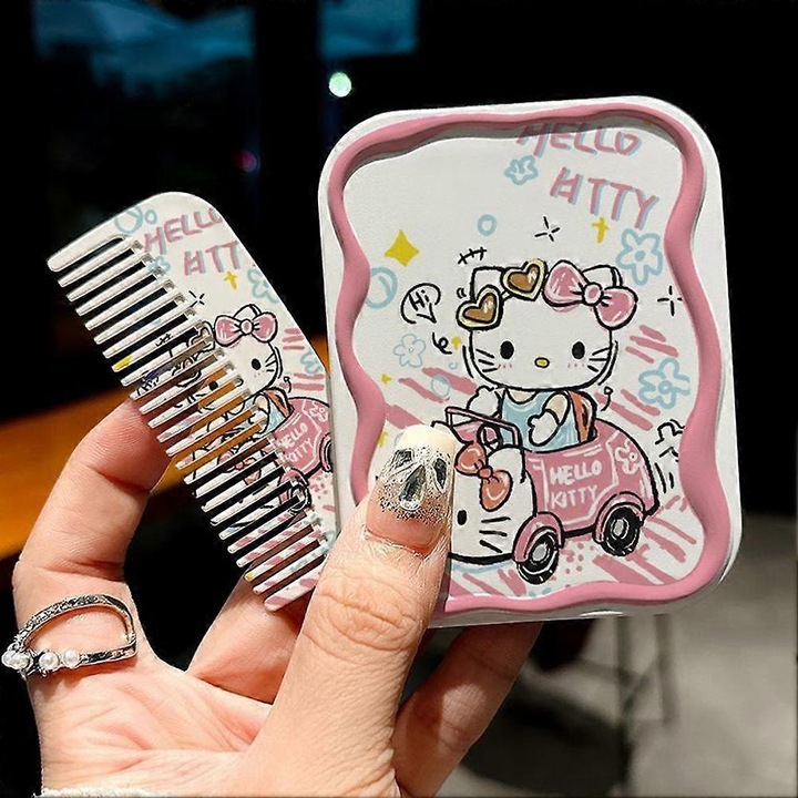Oglinda cosmetica pliabila cu pieptene, portabila, plastic, multicolor, compacta