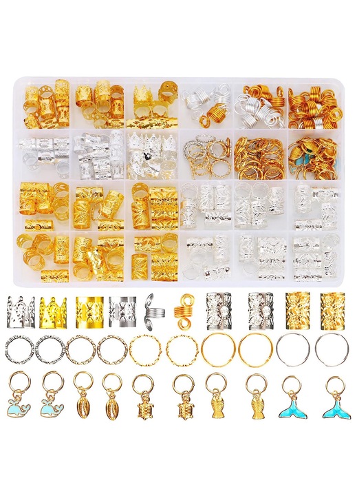 200 buc bijuterii de par pentru impletituri, accesorii dreaduri, inele pentru impletituri de par, cleme, margele, mansete pentru impletituri, decoratiuni pentru fete si femei