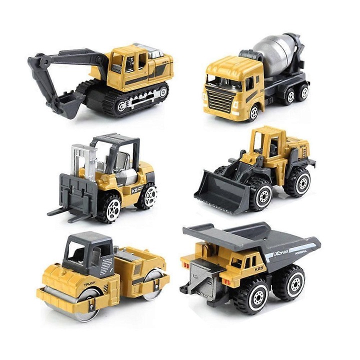 Set 6 vehicule constructie, aliaj si plastic, 7-8cm, multicolor