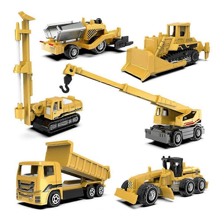 Set 6 vehicule constructie, aliaj si plastic, 7-8cm, multicolor