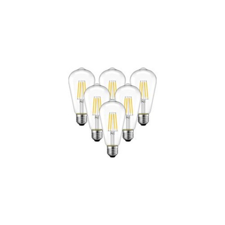 6 db E27 4W LED filament izzó készlet, meleg fény, átlátszó, 2700K, 700 lumen