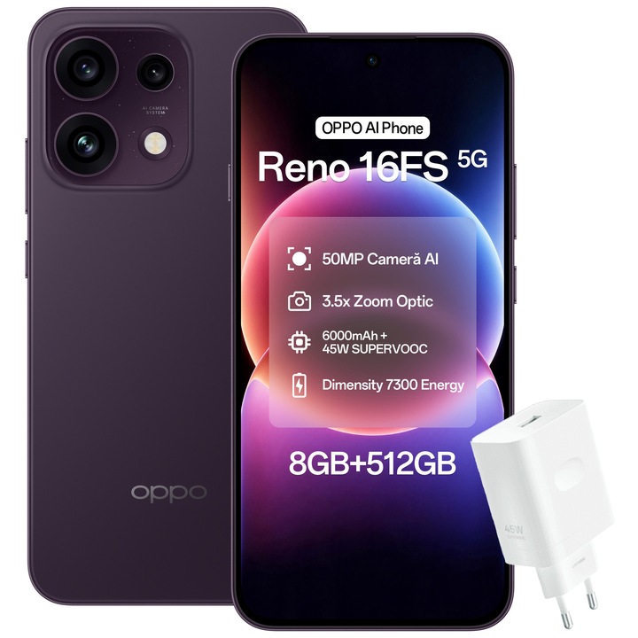 Pachet promo: Telefon mobil OPPO Reno 16 FS, 512GB, 8GB RAM, 5G Dual SIM, Baterie 6500mAh, Purple Black + Incarcator OPPO 45W SUPERVOOC + Casti True Wireless In-Ear OPPO Enco Air4, Bluetooth, ANC, Microfon Dual cu AI, IP55 Verde