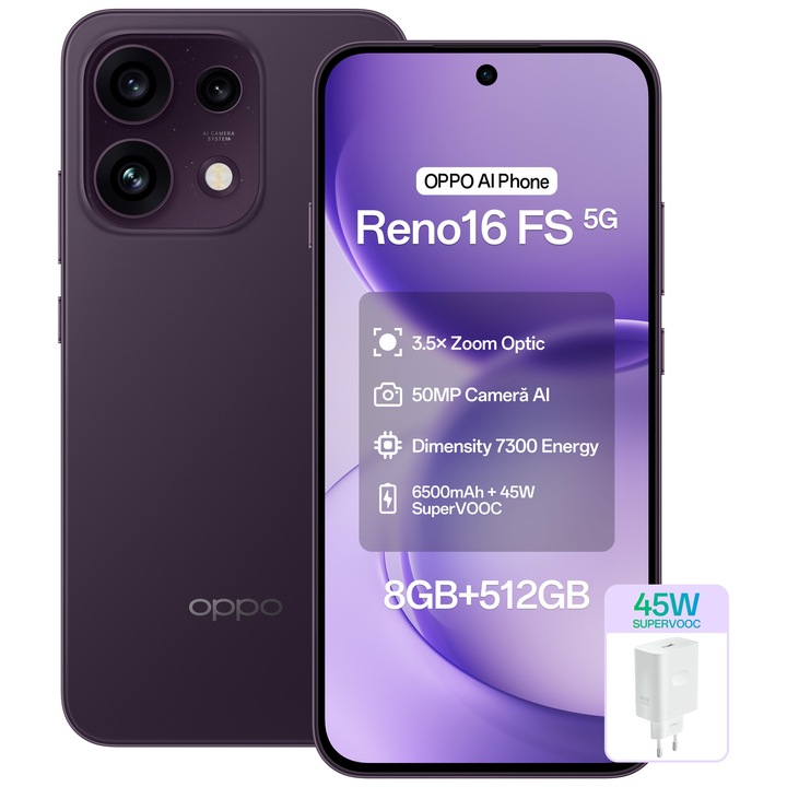 Pachet promo: Telefon mobil OPPO Reno 16 FS, 512GB, 8GB RAM, 5G Dual SIM, Baterie 6500mAh, Purple Black + Incarcator OPPO 45W SUPERVOOC + Casti True Wireless In-Ear OPPO Enco Air4, Bluetooth, ANC, Microfon Dual cu AI, IP55 Verde