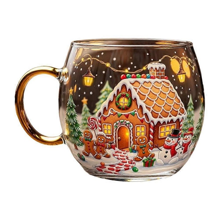 Cana sticla Craciun, model festiv, multicolor, 10cm