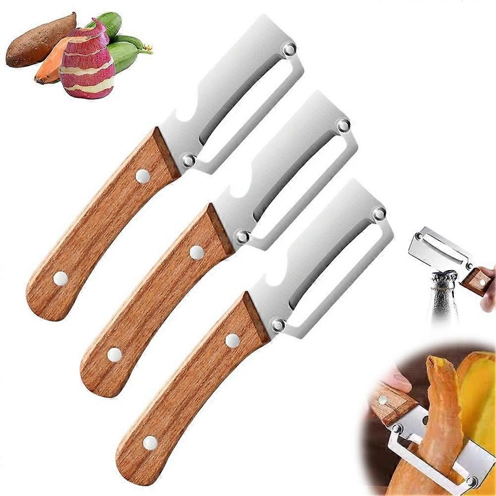 Curatator legume multifunctional 3 piese, otel inoxidabil, maner lemn, maro, 20cm