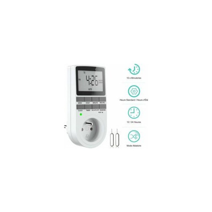 Digitális programozható aljzat, heti időzítő, LCD kijelző, fehér, 230V 16A