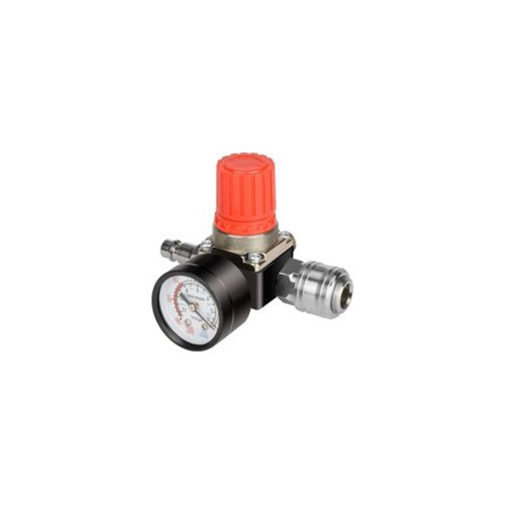 Légkompresszor nyomásszabályozó szelep 1/4, 175 PSI, manométerrel, 4 utas, fém-műanyag, 12 bar