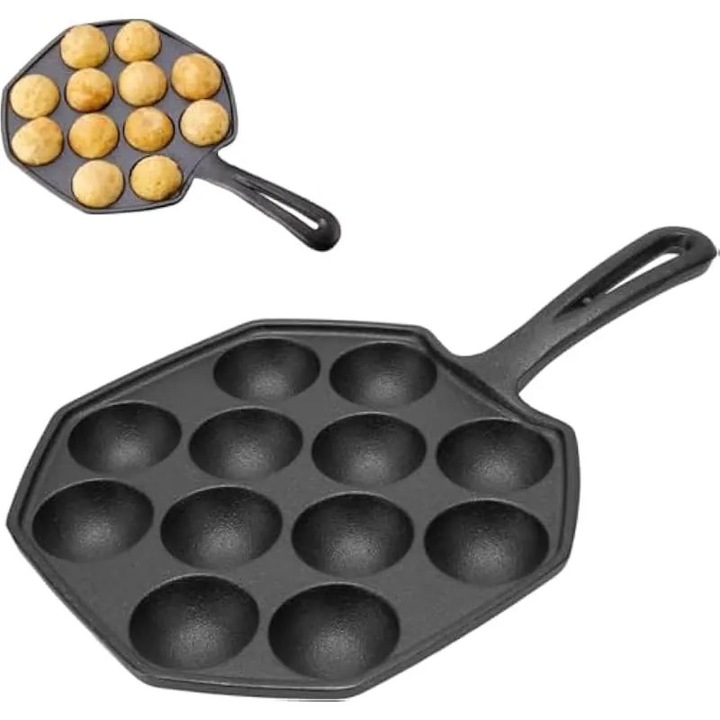 Tigaie pentru takoyaki, fonta, 12 gauri, neaderenta, 8.5x11cm, negru