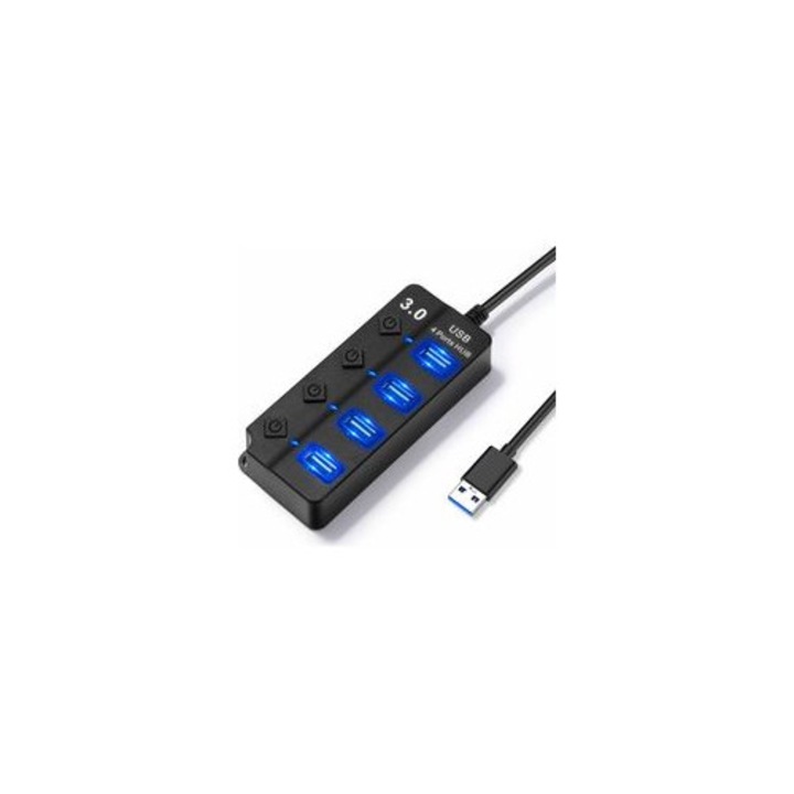 USB elosztó 4 az 1-ben, 1 USB 3.0 port, 3 USB 2.0 port, független kapcsolók, LED, kompakt fekete