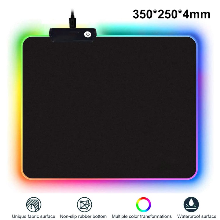 Pad mouse-pad pentru jocuri RGB, 8 moduri de iluminare, baza din cauciuc antiderapanta, covoras de mouse pentru tastatura impermeabil, placa de spuma pentru jucatori/profesionisti Esports/birou, 350x250x4mm