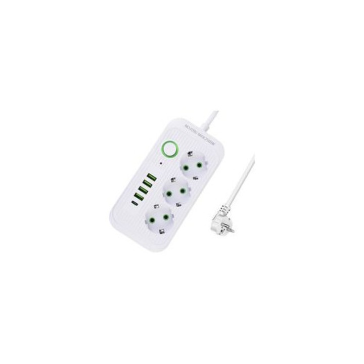 Prelungitor 3 prize 4 USB 1 USB-C 2m alb 2500W