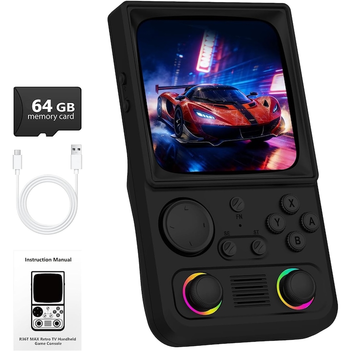 Consola retro portabila, ecran IPS de 4.0'' 720x720, 64GB, suporta peste 18000 de jocuri clasice, sistemul EmuELEC accepta lupte in retea WiFi si OTG, 4000mAh, negru