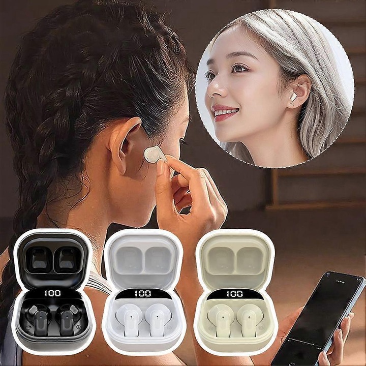 Vezeték nélküli Bluetooth fülhallgató, mini, krémfehér, 45x45x24mm