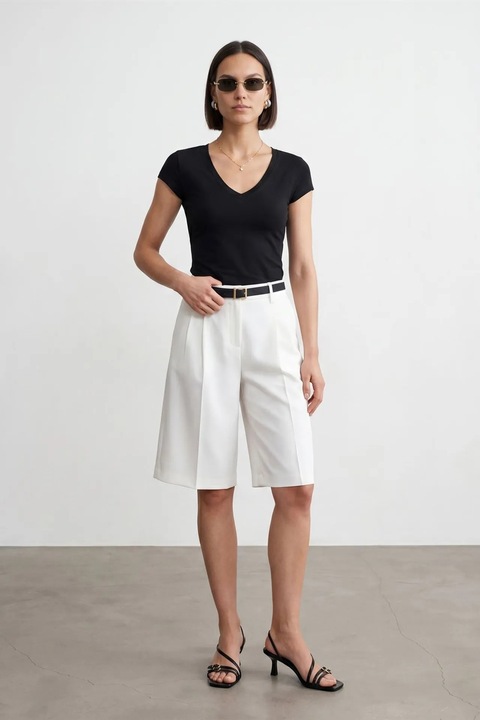 Bluze dama, dilvin, Bluza Slim Fit cu decolteu in V, negru, jerseu, maneca scurta, elastic