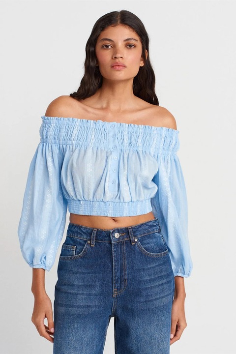 Bluza dama, dilvin, scurta, cu umerii goi, albastru deschis, bumbac si viscoza