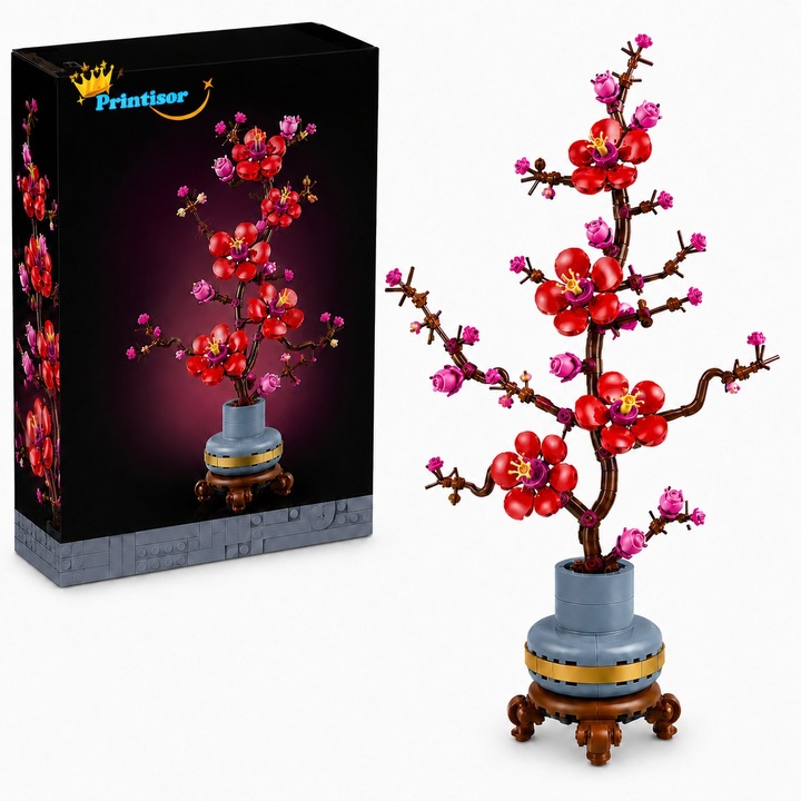 Set Constructie Flori de Prun Plum Tree, 300+ Piese, Bonsai Floral 3D cu Vaza Decorativa, Model Botanical din ABS, Joc Creativ pentru Copii 10+ si Adulti, Cadou Elegant pentru Casa, Birou sau Vitrina
