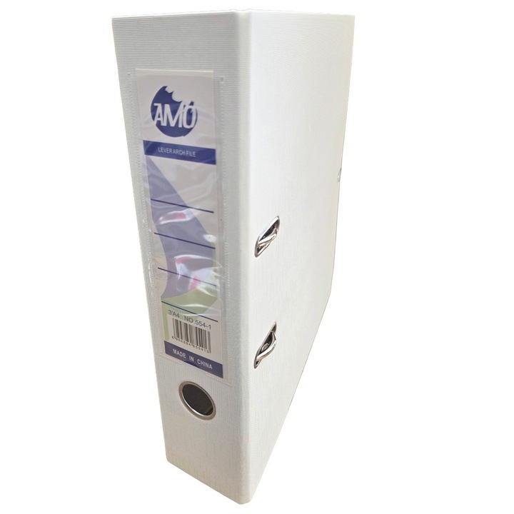 Biblioraft plastic ALB, 7.5 cm, A4, AMO, plastifiat exterior, pentru arhivare documente