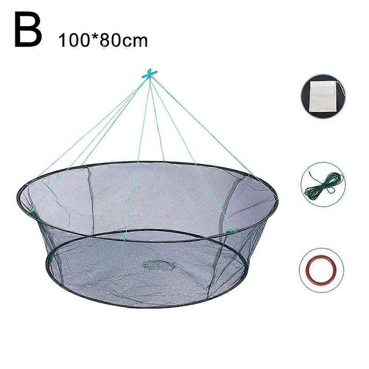 Plasa pescuit pliabila, 80x60cm sau 100x80cm, nylon, cu sac momeala, franghie si inel plutitor