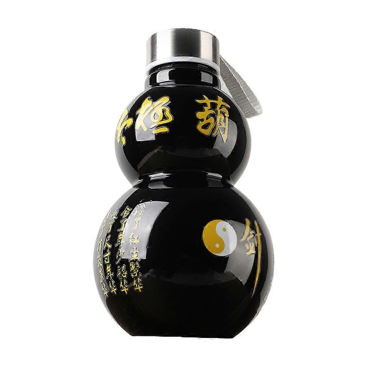 Sticla apa, 680ml, forma calebasa, design Yin Yang, negru-alb-auriu, 10x17.5cm