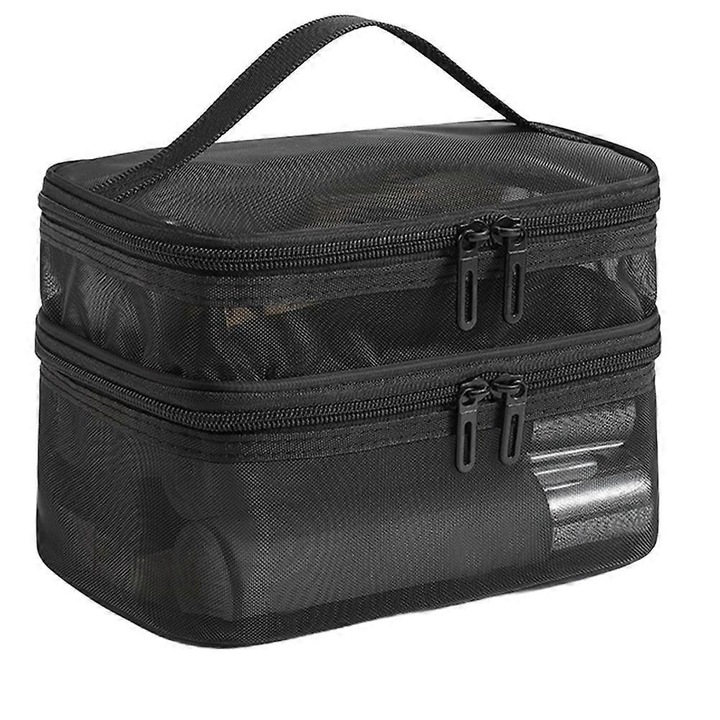 Geanta depozitare pliata, material mesh, negru-gri-bej, 21x13x15cm