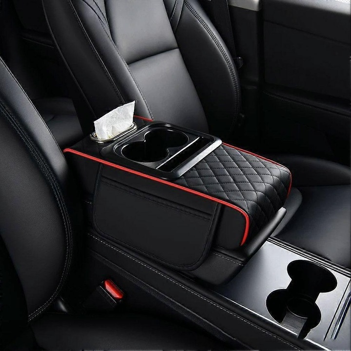 Cutie organizator cotiera auto multifunctionala piele PU spuma memorie negru rosu 35x20x7cm