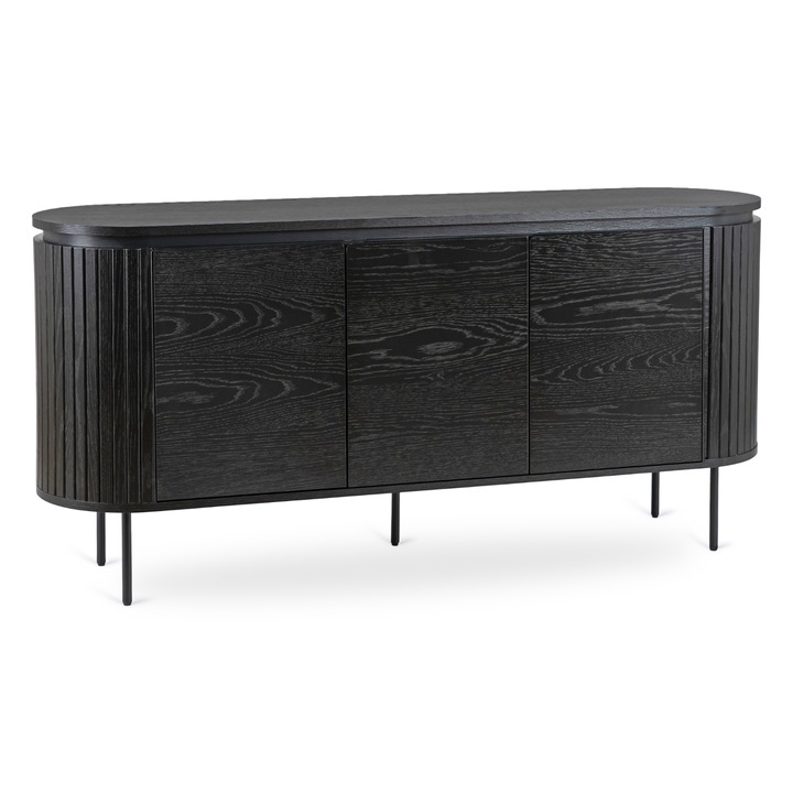 Mebel Elite Beck komód, fekete, 3 ajtós, 160x40x80cm, polcokkal, fém lábakkal