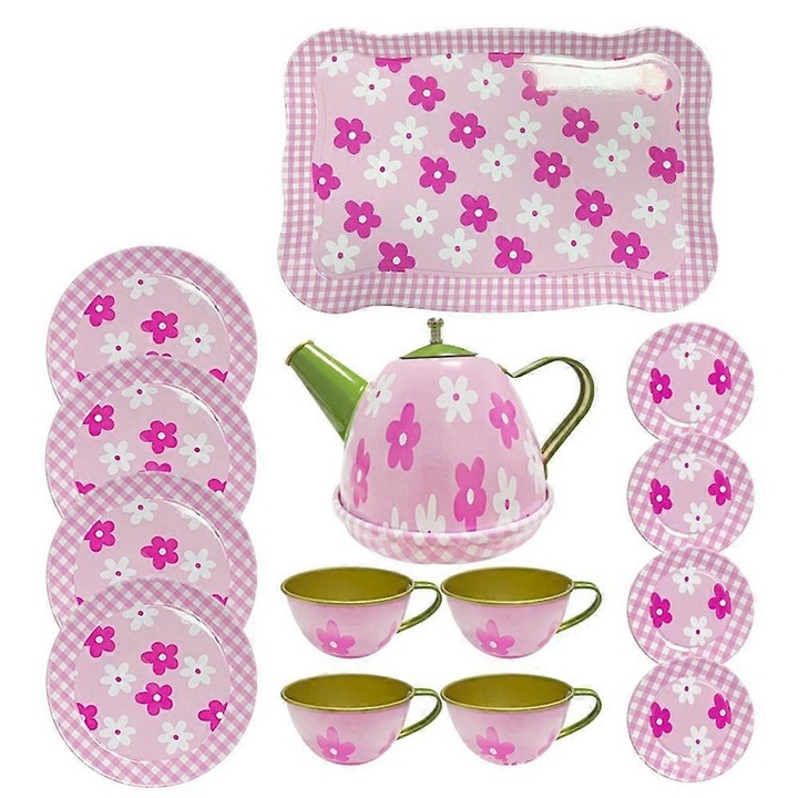 Set ceai metalic copii 14 piese colorat 24x16x10.5cm